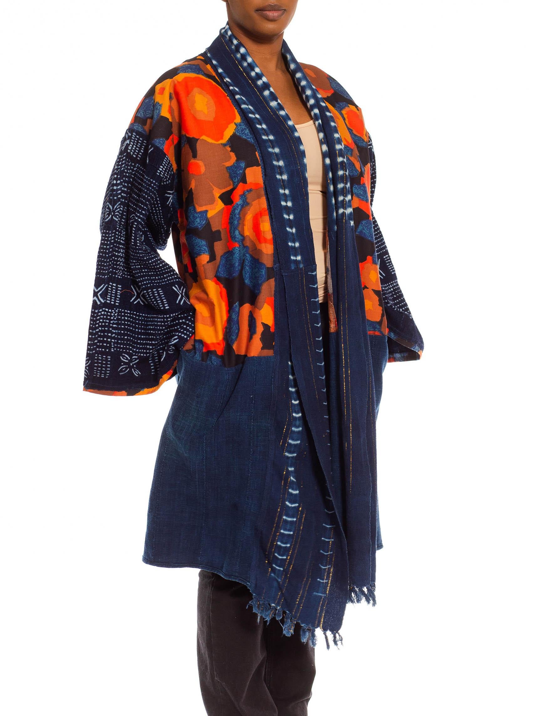 Women's or Men's Morphew Collection Blue & Orange Cotton Up-Cycled African Indigo Vintage Fabric For Sale
