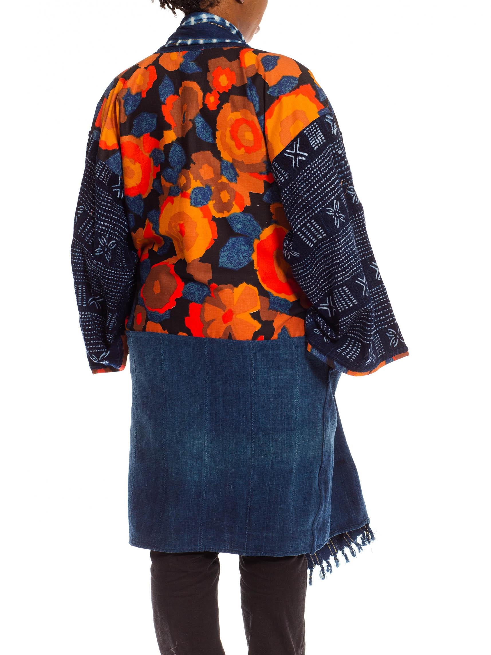 Morphew Collection Blue & Orange Cotton Up-Cycled African Indigo Vintage Fabric For Sale 1