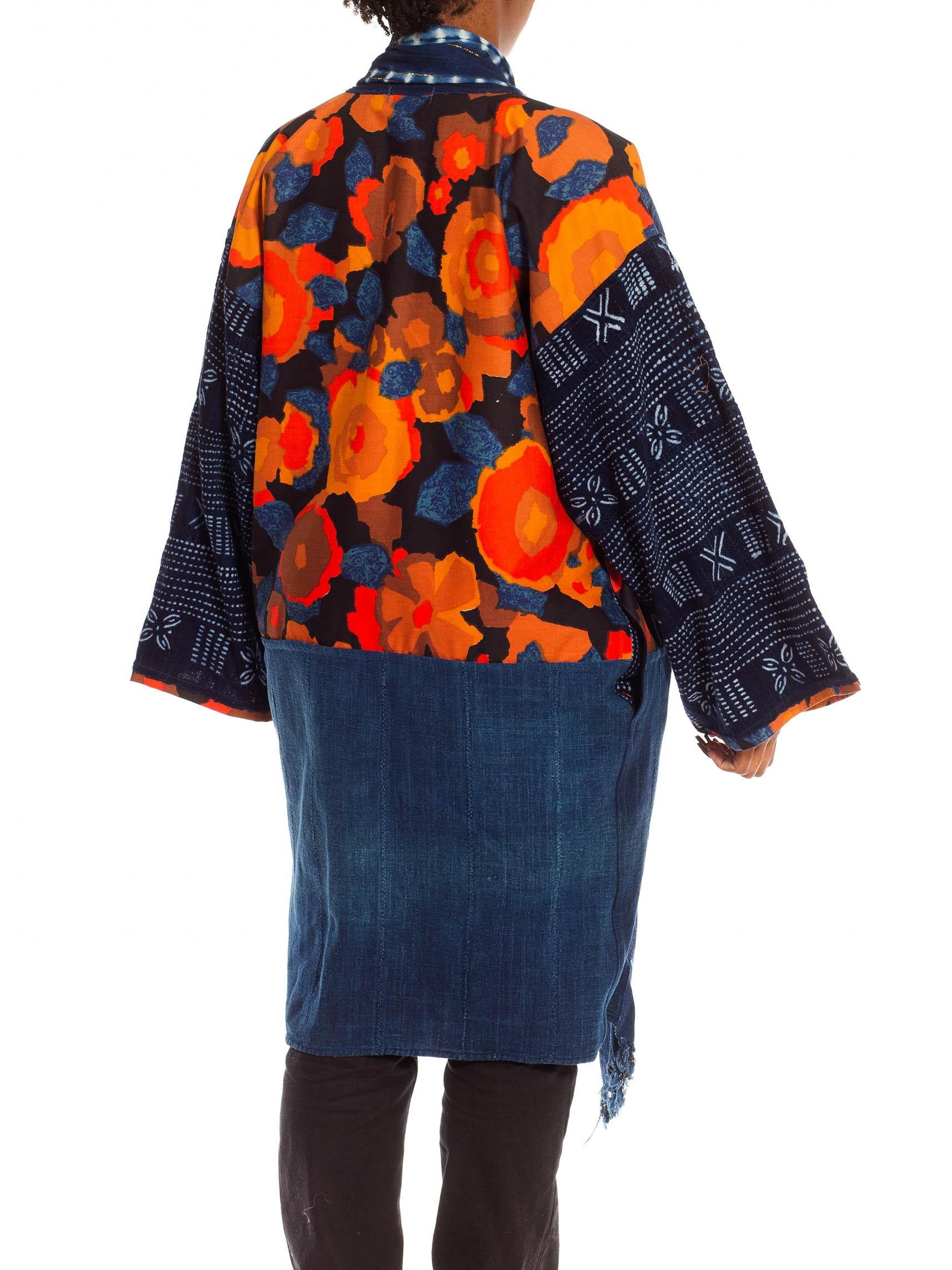 Morphew Collection Blue & Orange Cotton Up-Cycled African Indigo Vintage Fabric For Sale 3