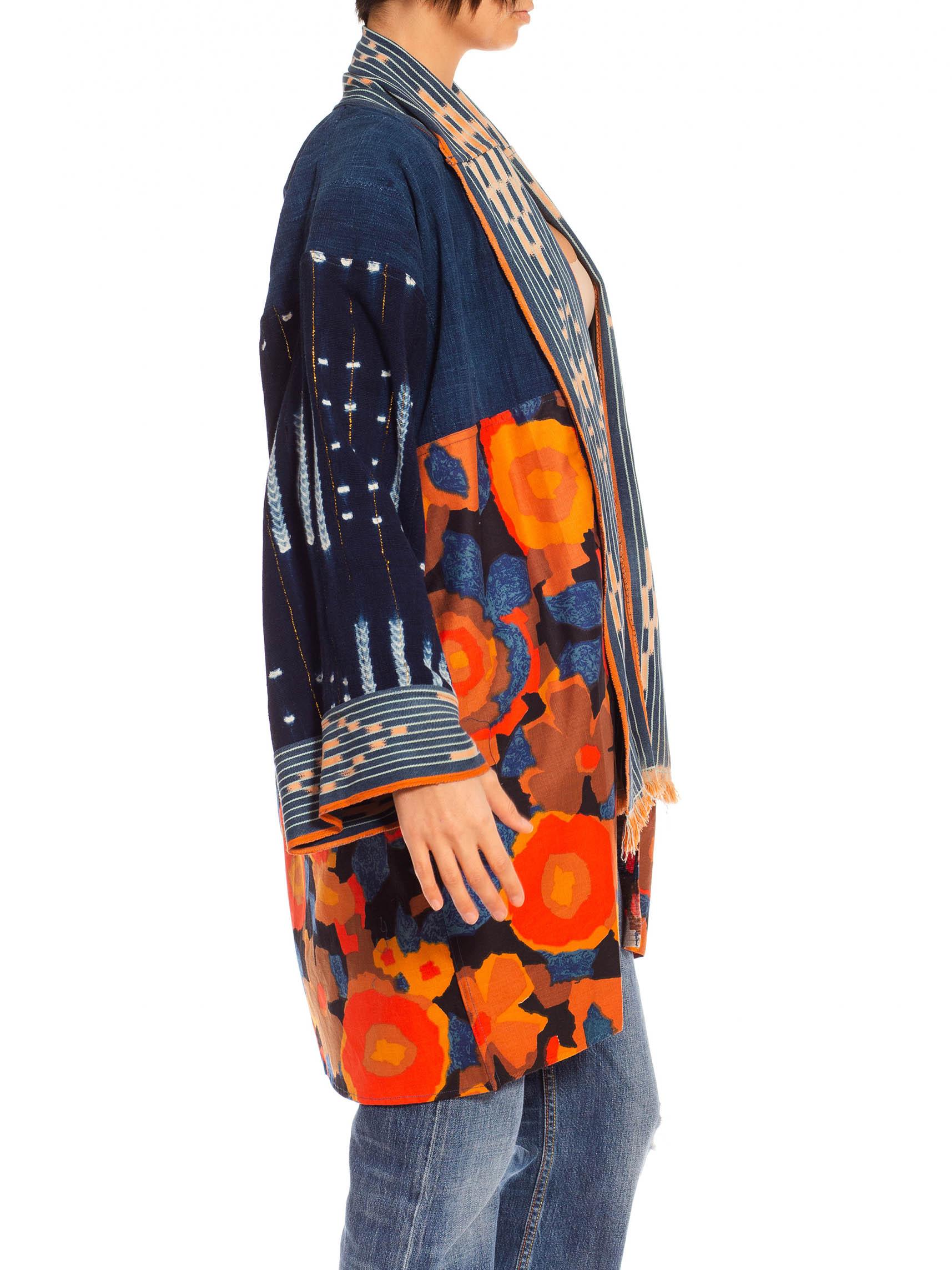 Made from vintage fabrics so small areas of wear or vintage repairs are expected and add to the story of the piece. Morphew Collection Blue & Orange Cotton Up-Cycled Vintage Fabrics African Indigo Duster 
MORPHEW COLLECTION is made entirely by hand