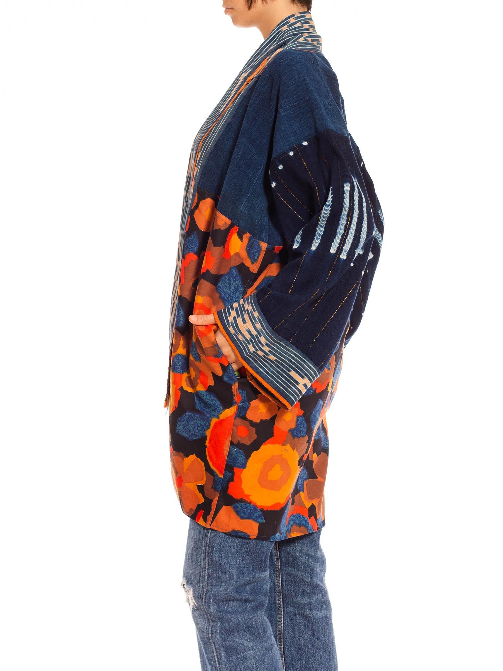 Black Morphew Collection Blue & Orange Cotton Up-Cycled Vintage Fabrics African Indig For Sale