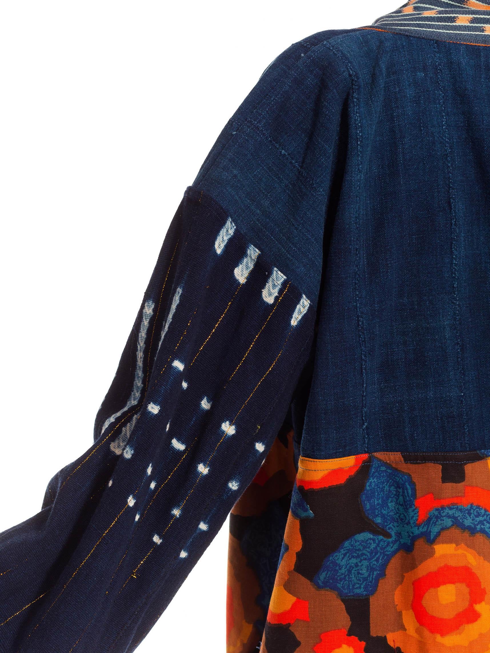 Morphew Collection Blue & Orange Cotton Up-Cycled Vintage Fabrics African Indig For Sale 3