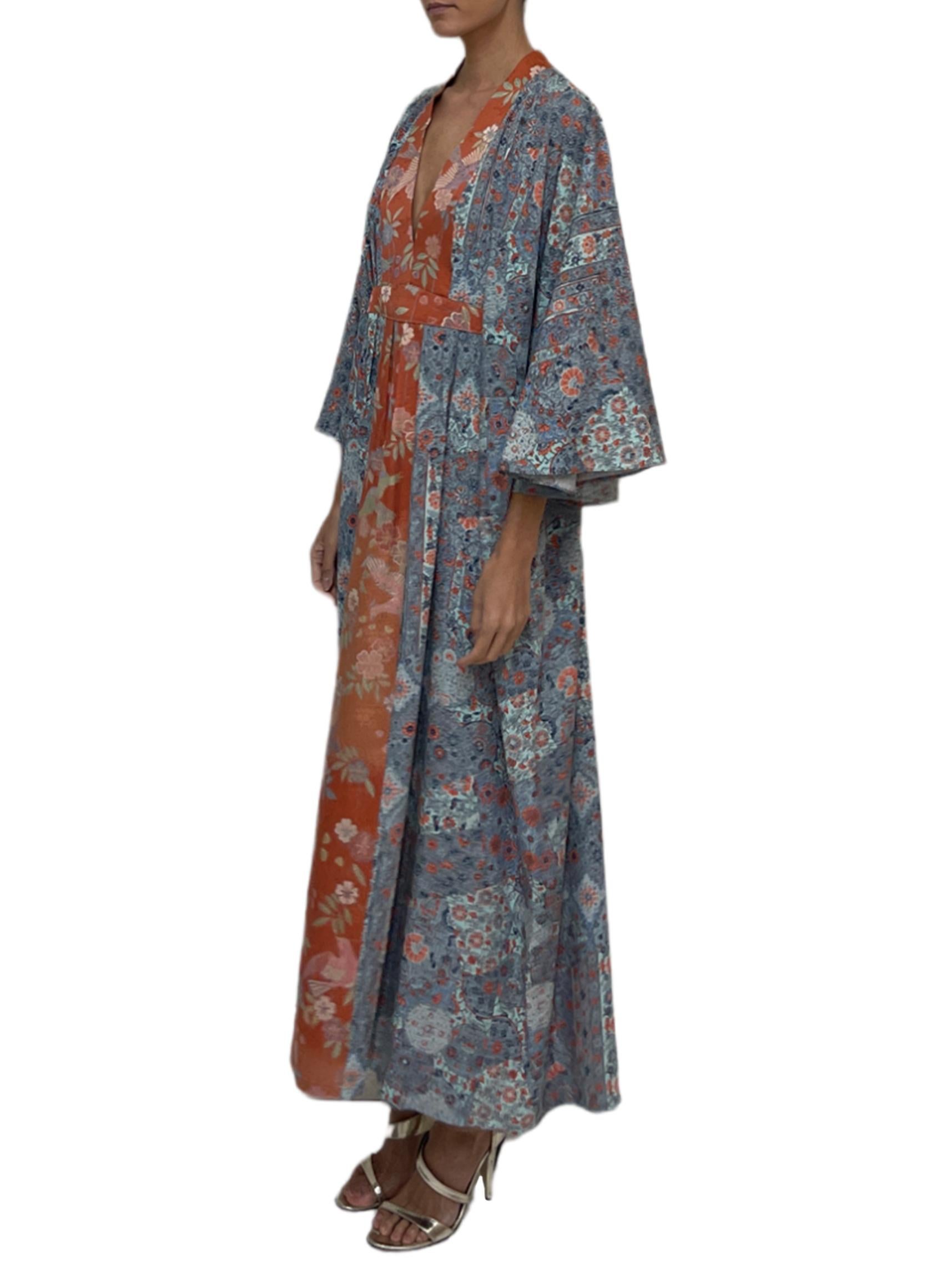 Gray MORPHEW COLLECTION Blue & Orange Japanese Kimono Silk Kaftan For Sale