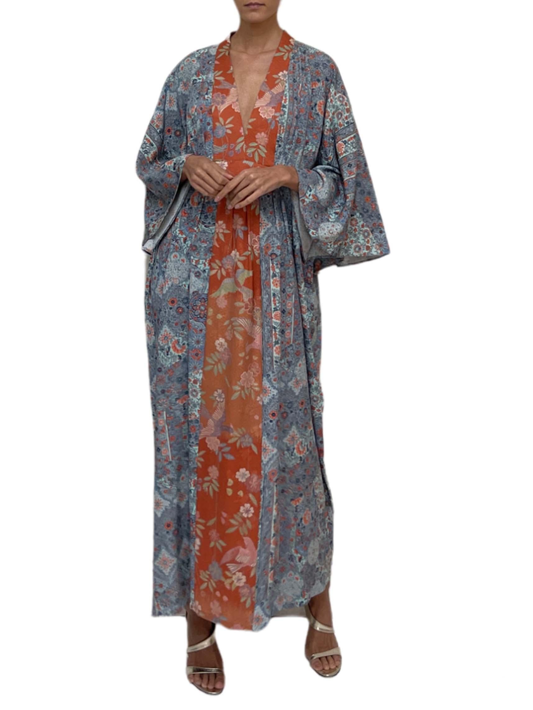 MORPHEW COLLECTION Blue & Orange Japanese Kimono Silk Kaftan In Excellent Condition For Sale In New York, NY