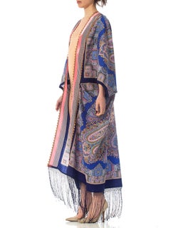 MORPHEW COLLECTION Blue Paisley Wool Cocoon Duster With Velvet Ribbon Trim