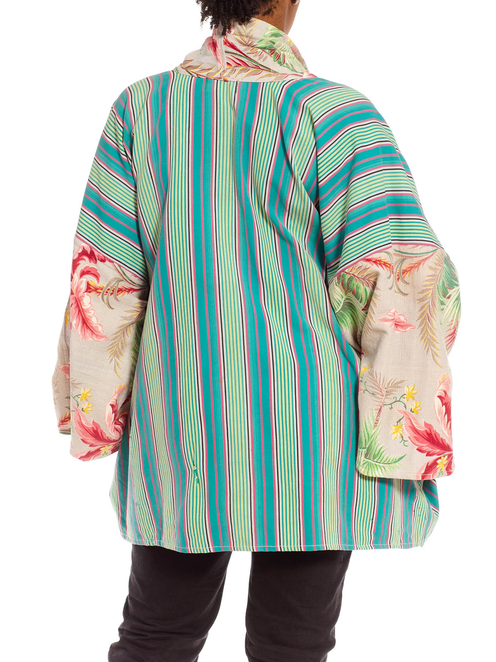 Morphew Collection Blue & Pink Cotton African Stripe 1940S Tropical Duster For Sale 3