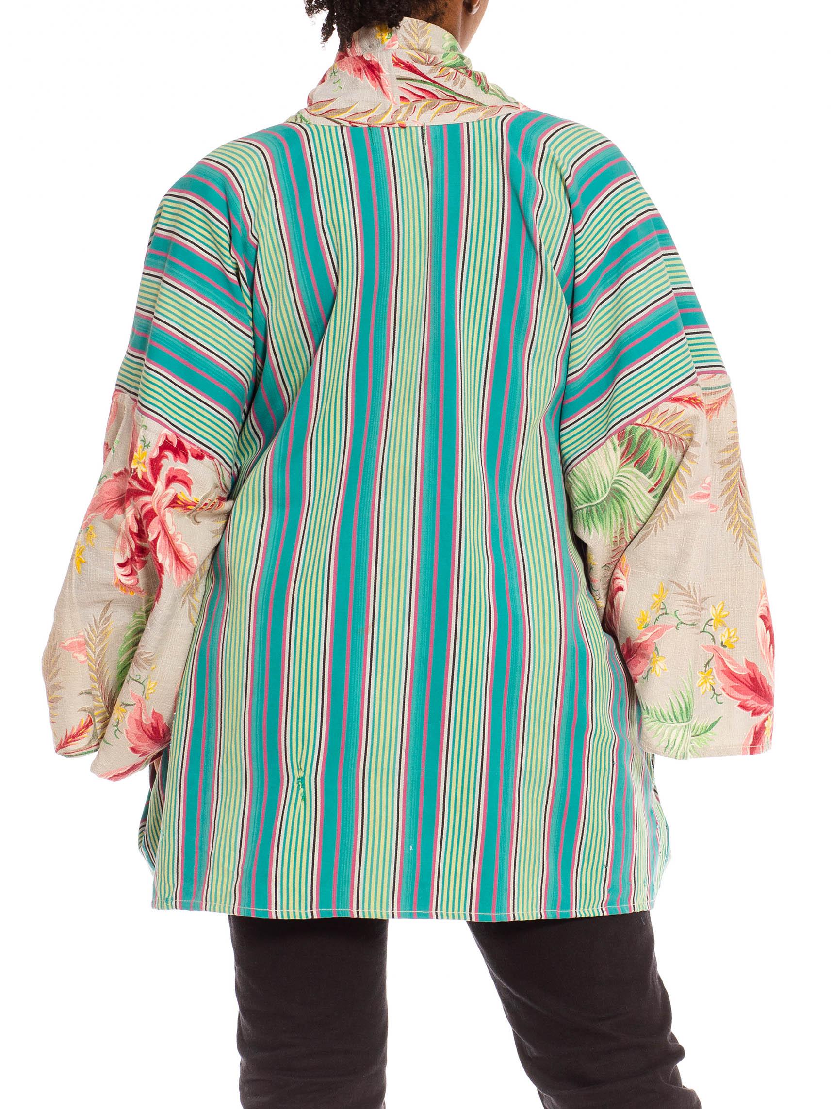 Morphew Collection Blue & Pink Cotton African Stripe 1940S Tropical Duster In Excellent Condition For Sale In New York, NY