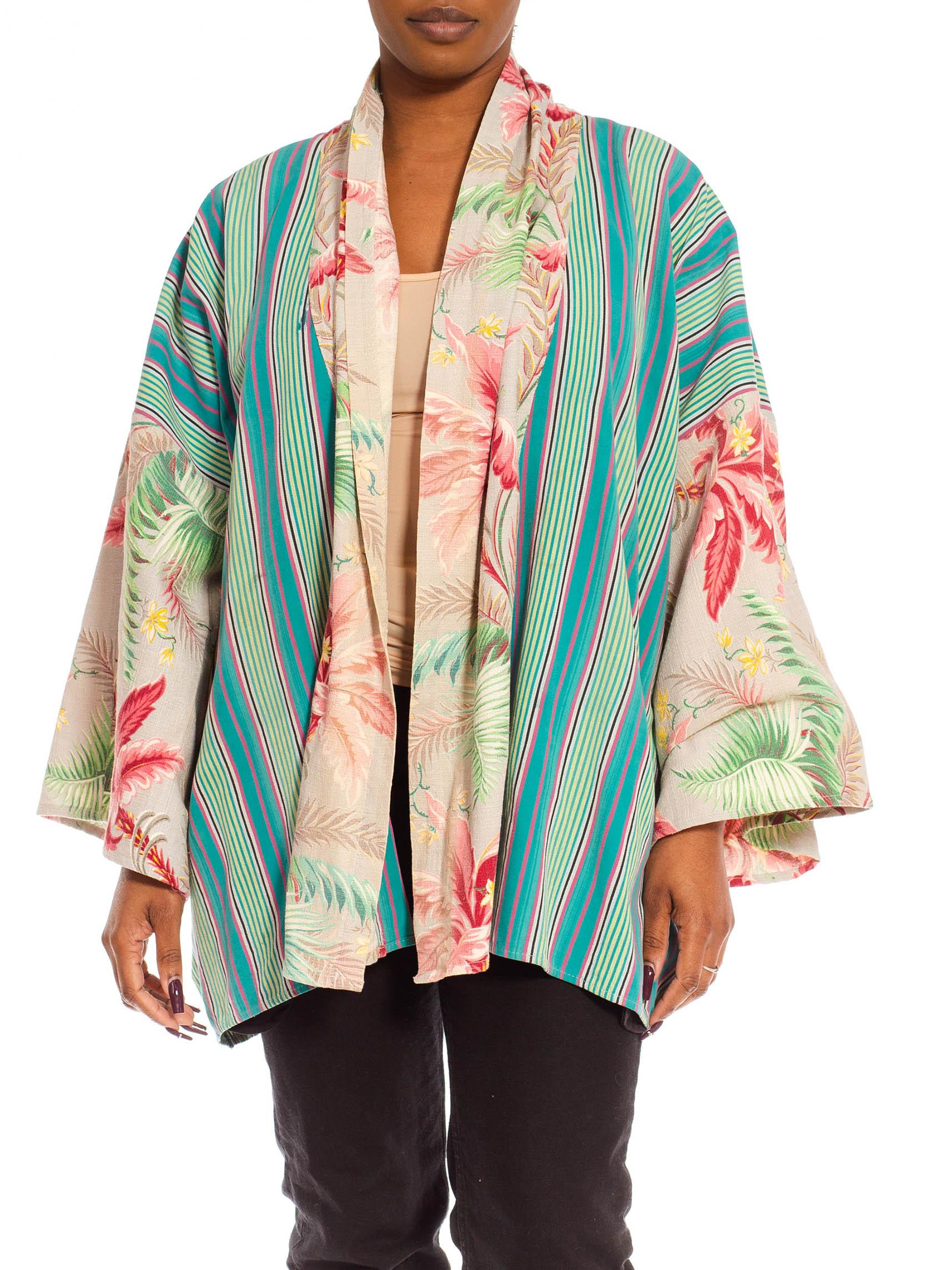 Morphew Collection Blue & Pink Cotton African Stripe 1940S Tropical Duster For Sale 1