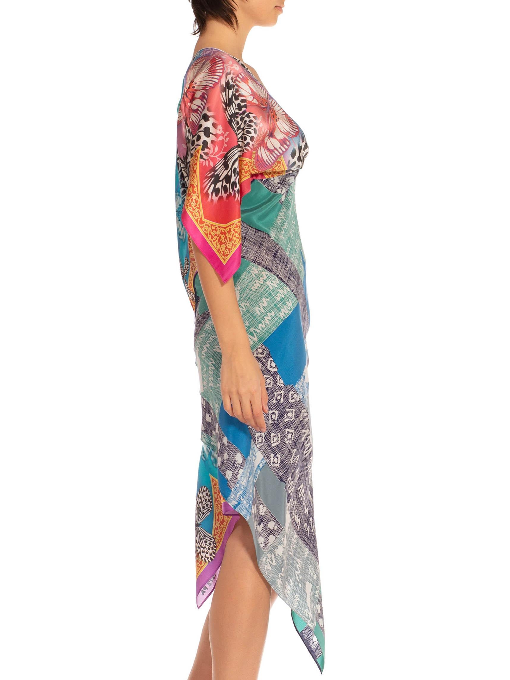 Gray MORPHEW COLLECTION Blue & Pink Silk Twill Two Scarf Dress Made From Vintage Sca For Sale