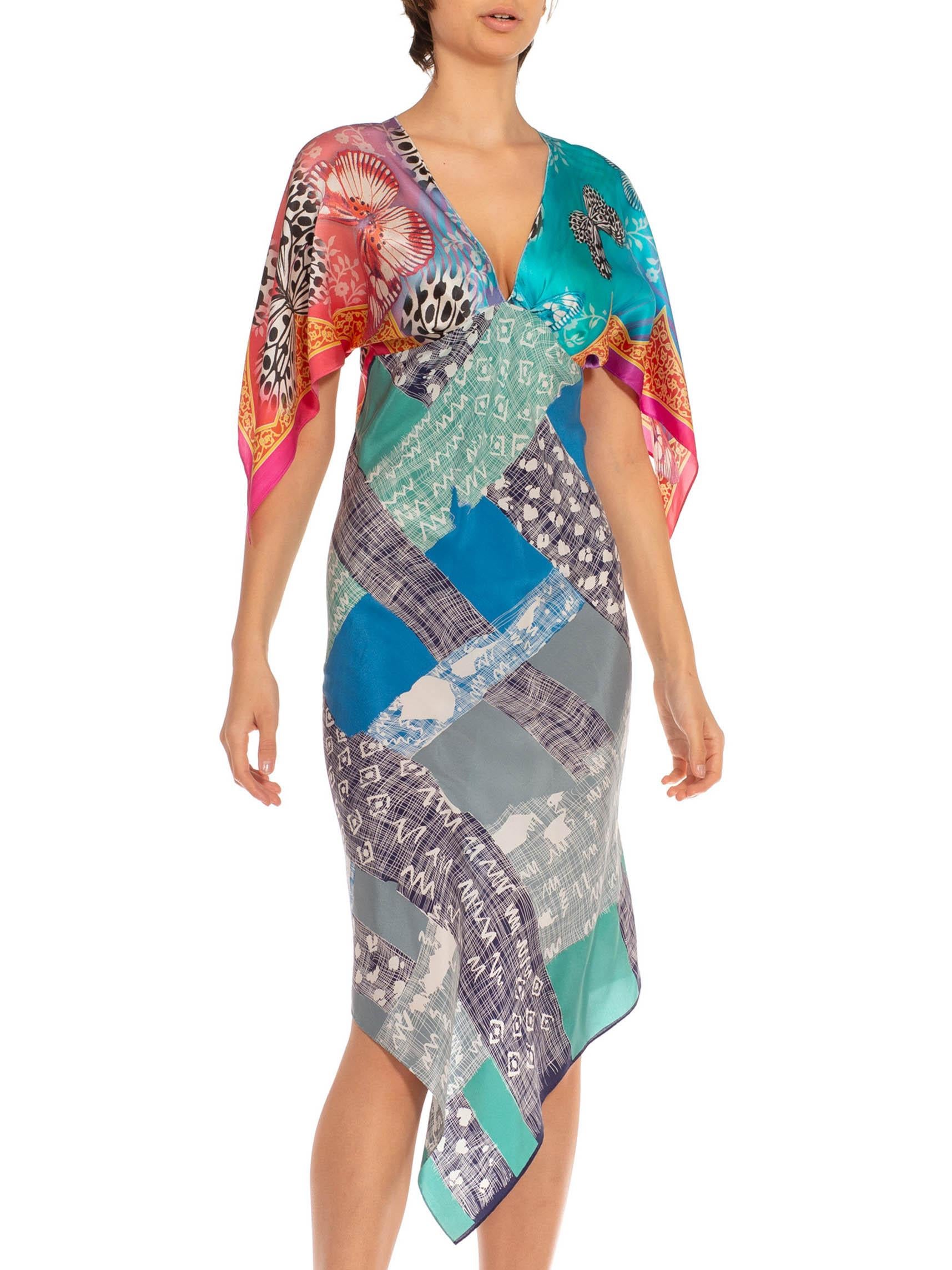 Women's MORPHEW COLLECTION Blue & Pink Silk Twill Two Scarf Dress Made From Vintage Sca For Sale
