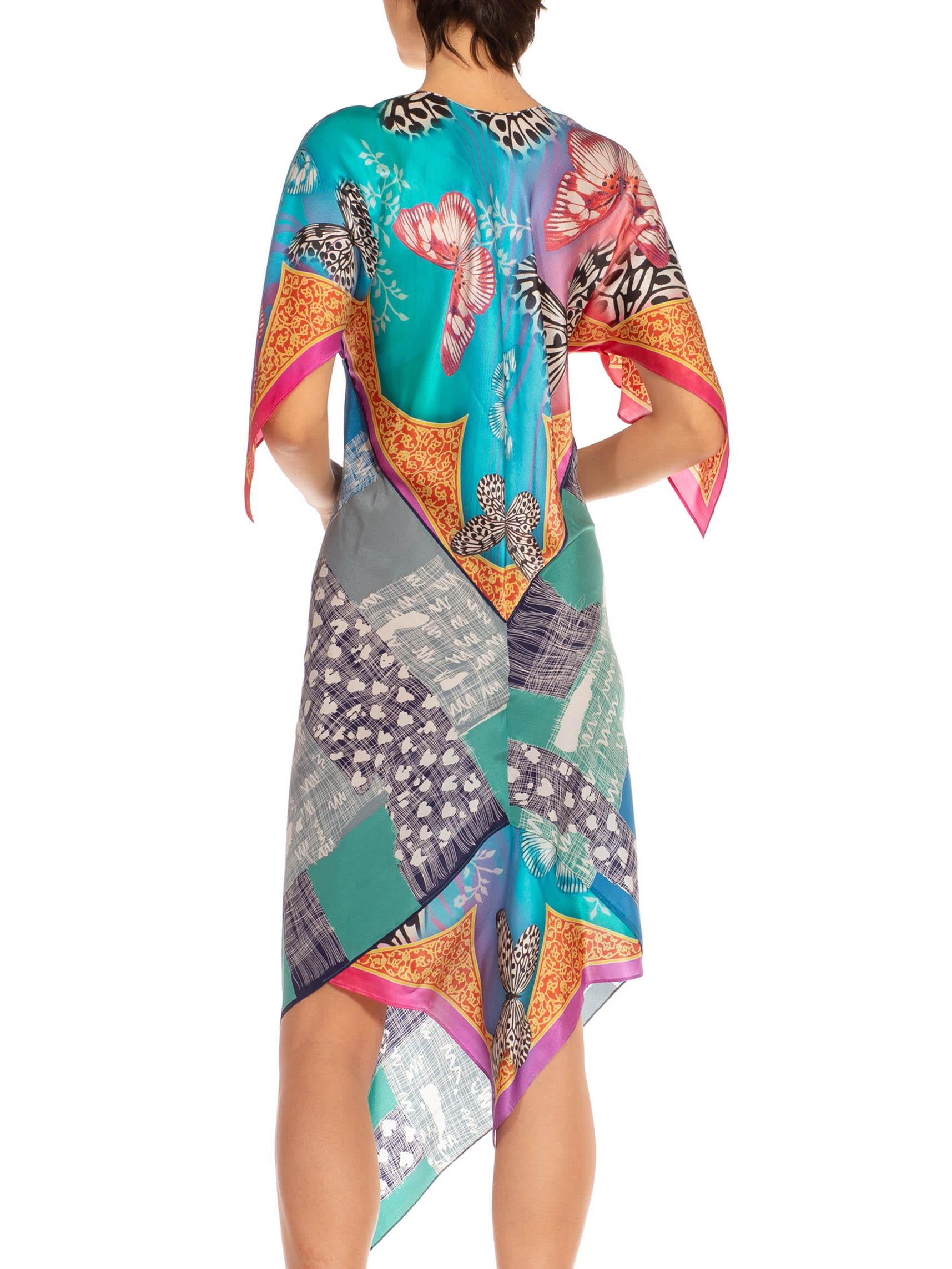MORPHEW COLLECTION Blue & Pink Silk Twill Two Scarf Dress Made From Vintage Sca For Sale 1