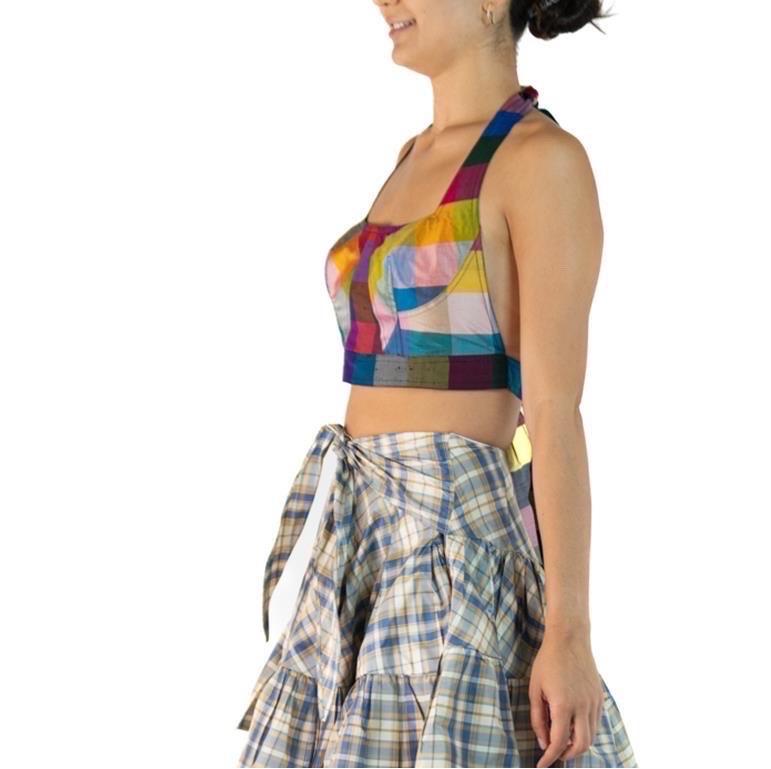Morphew Collection Blue, Red & Yellow Silk Taffeta Plaid The Joanne Bustier Top In Excellent Condition For Sale In New York, NY