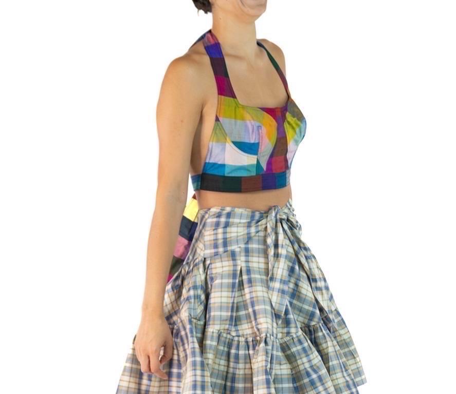 Women's Morphew Collection Blue, Red & Yellow Silk Taffeta Plaid The Joanne Bustier Top For Sale