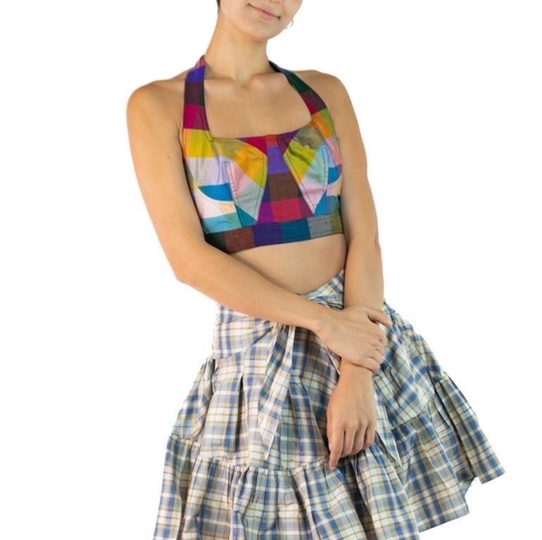 Morphew Collection Blue, Red & Yellow Silk Taffeta Plaid The Joanne Bustier Top For Sale 1