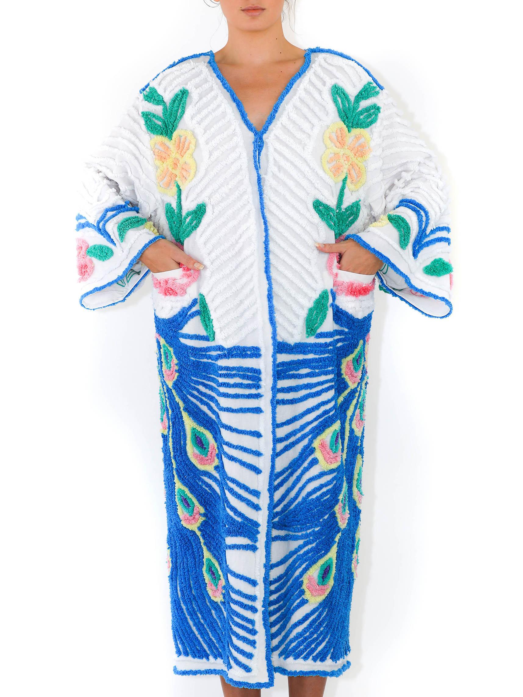 Women's MORPHEW COLLECTION Blue & White Cotton Hand Embroidered Chenille Peacock Beach 