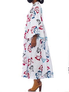 MORPHEW COLLECTION Blue & White Cotton Red Butterfly Kaftan Made From Vintage J