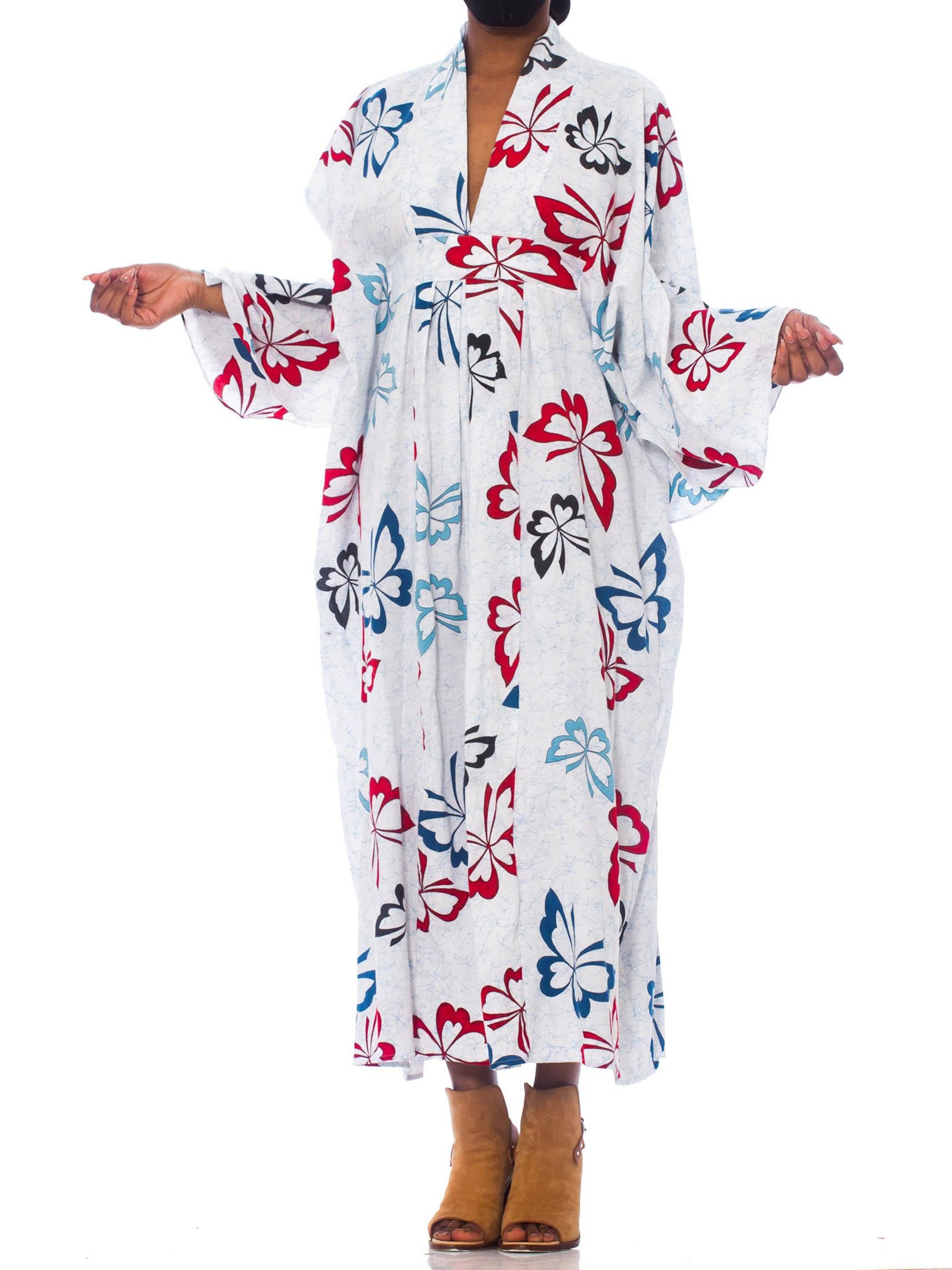Gray MORPHEW COLLECTION Blue & White Cotton Red Butterfly Kaftan Made From Vintage J
