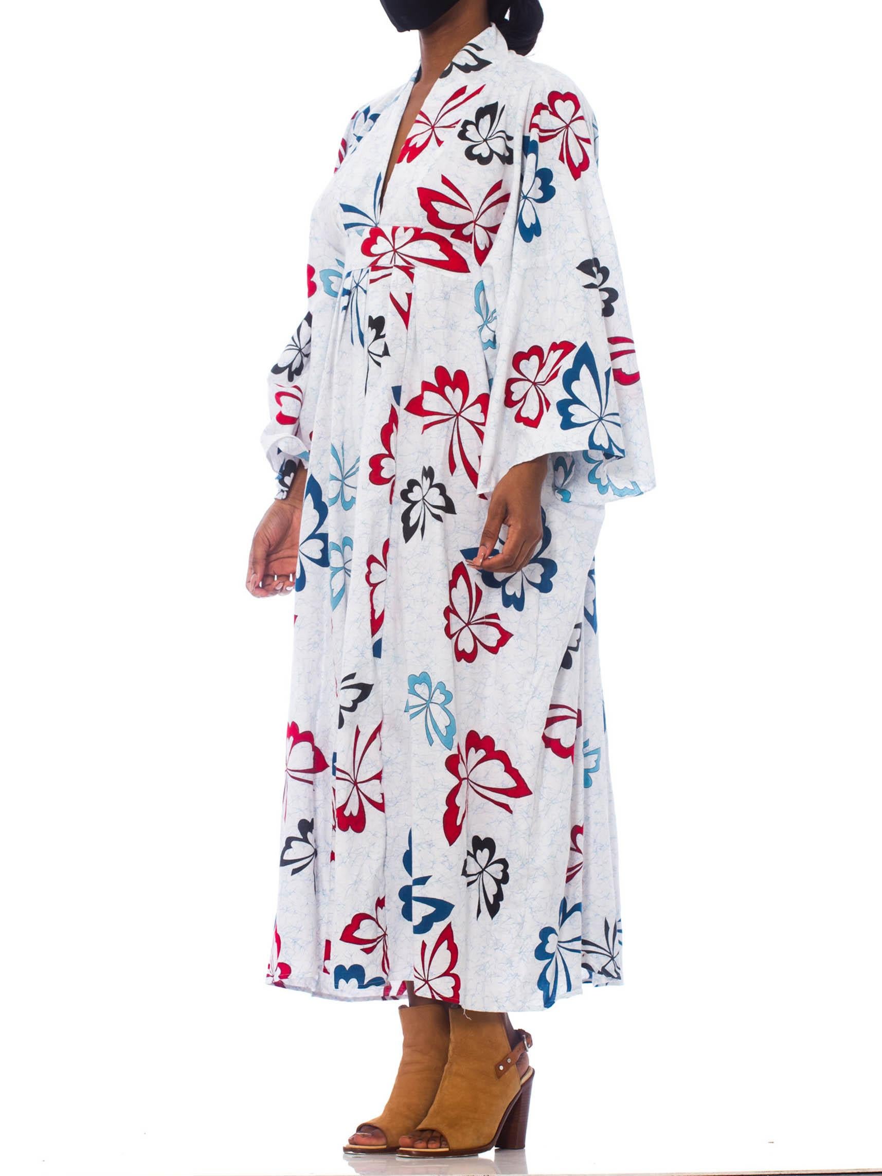 MORPHEW COLLECTION Blue & White Cotton Red Butterfly Kaftan Made From Vintage J In Excellent Condition In New York, NY