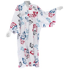 MORPHEW COLLECTION Blue & White Cotton Red Butterfly Kaftan Made From Vintage J