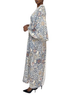 MORPHEW COLLECTION Blue & White Japanese Kimono Silk China Print Kaftan With Tr