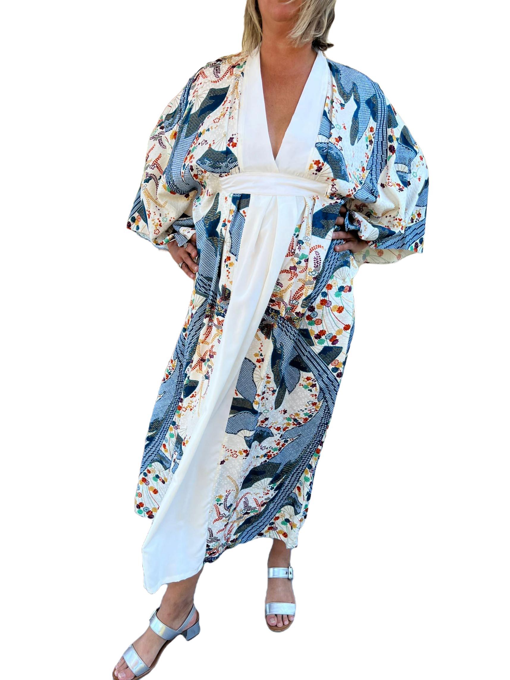 Gray Morphew Collection Blue & White Japanese Kimono Silk Fan Print Kaftan For Sale
