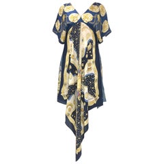 Morphew Collection Blue & White Silk Astrology Status Print Kaftan Scarf Dress