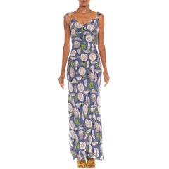 MORPHEW COLLECTION Blue & White Silk Asymmetrical Bias Cut 1940S Pineapple Prin