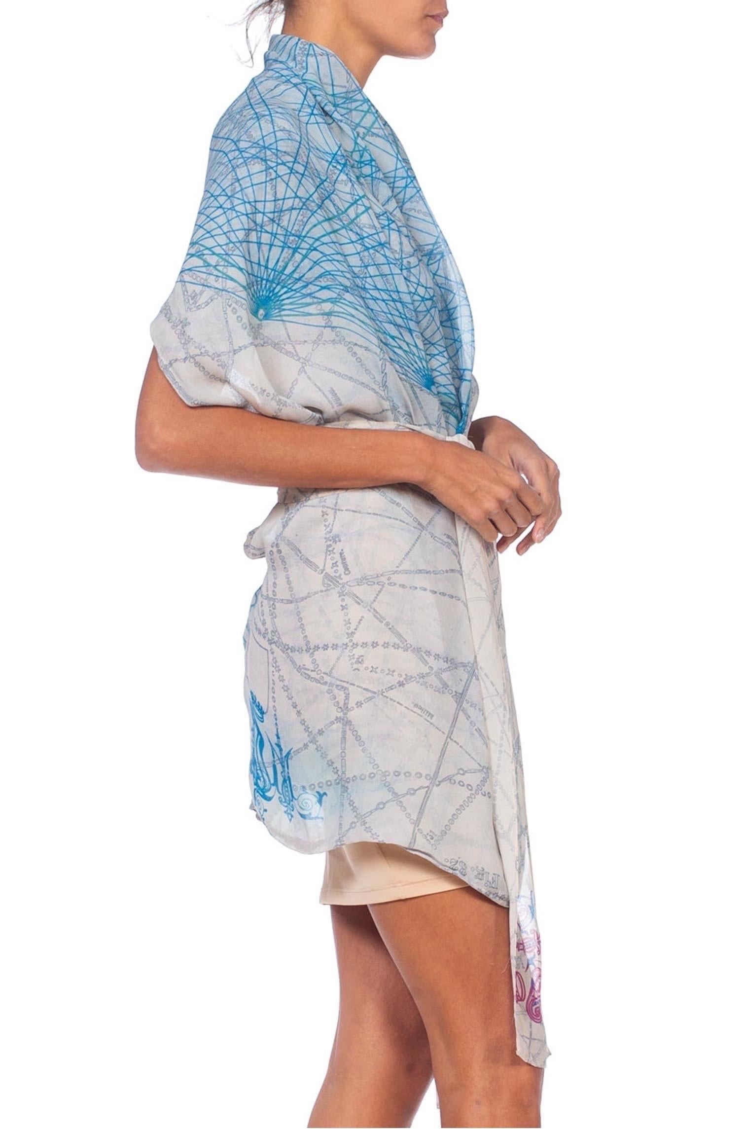 Women's MORPHEW COLLECTION Blue & White Silk Chiffon Printed Wrap Top For Sale
