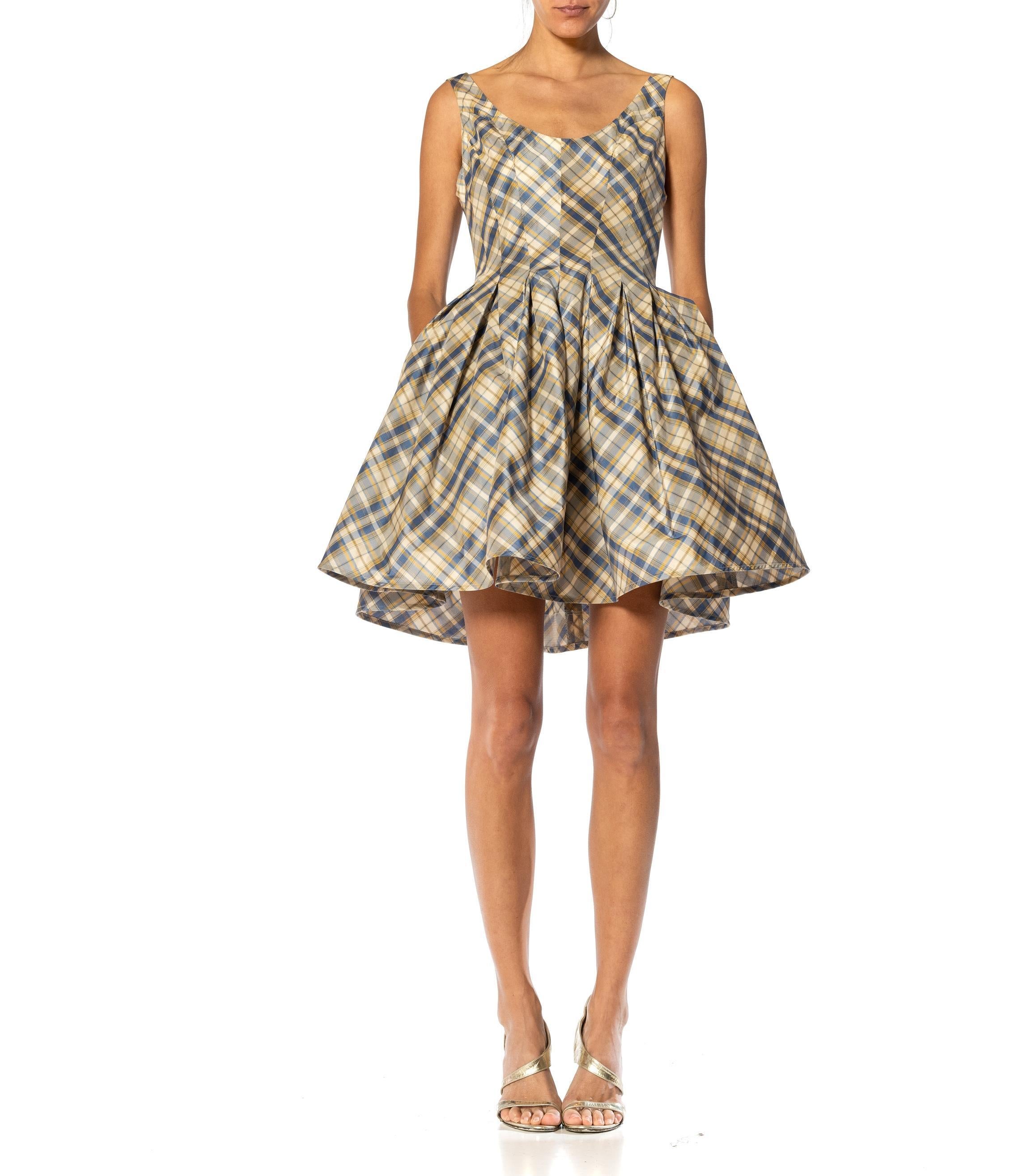 MORPHEW VINTAGE Blue, Yellow & Cream Plaid Silk Taffeta Mini Cupcake Dress For Sale 1