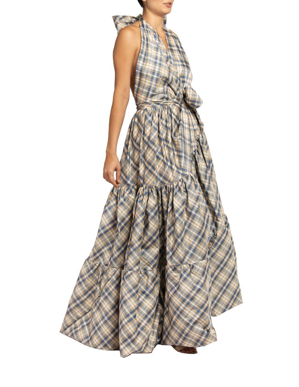 MORPHEW COLLECTION Blue & Yellow Silk Taffeta Plaid Gown MASTER In Excellent Condition For Sale In New York, NY