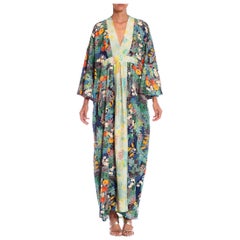 MORPHEW COLLECTION Bluenavy Blue Japanese Kimono Silk Floral Pattern Kaftan Lig