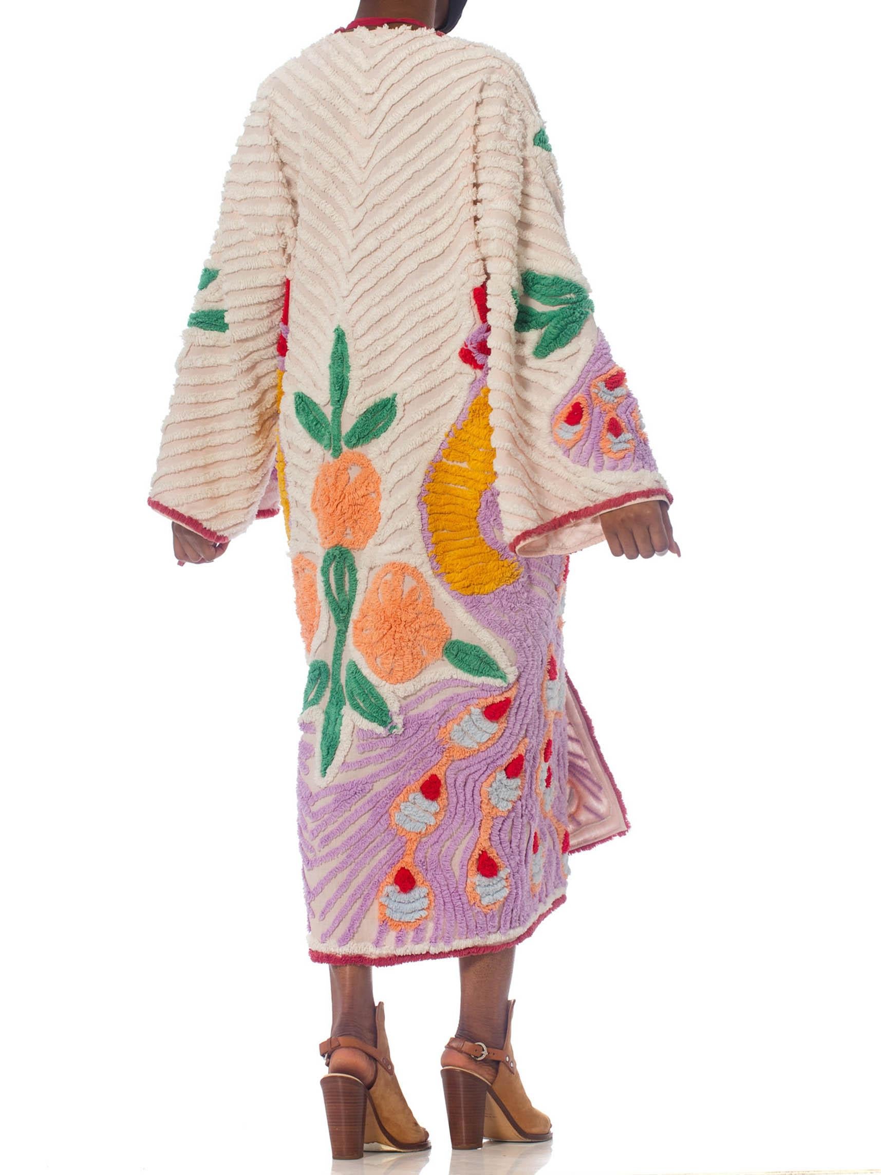 Morphew Collection Blush Pink Cotton Chenille Purple Peacock Duster In Excellent Condition In New York, NY