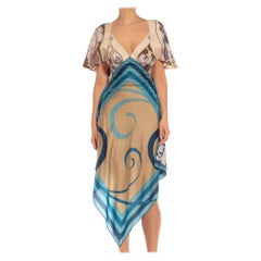 COLLECTION MORPHEW Robe à 3 foulards en sergé de soie imprimé marron, bleu et beige, fabriquée à partir de