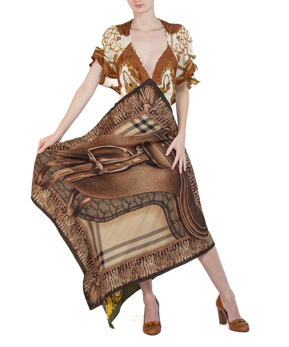 Women's MORPHEW COLLECTION Brown & Cream Equestrian Print  Silk Longchamp 3-Scarf Dress For Sale