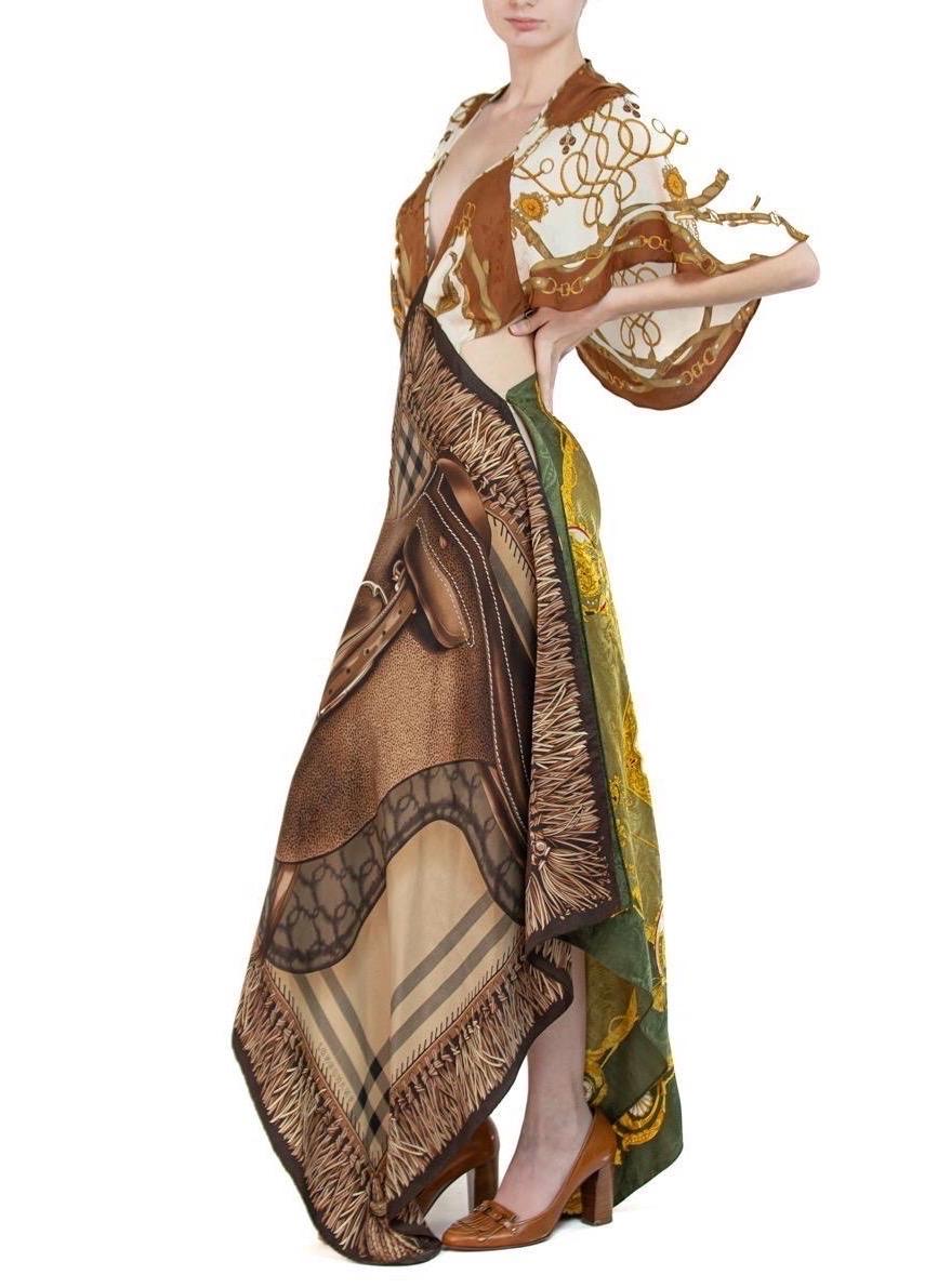 MORPHEW COLLECTION Brown & Cream Equestrian Print  Silk Longchamp 3-Scarf Dress For Sale 1