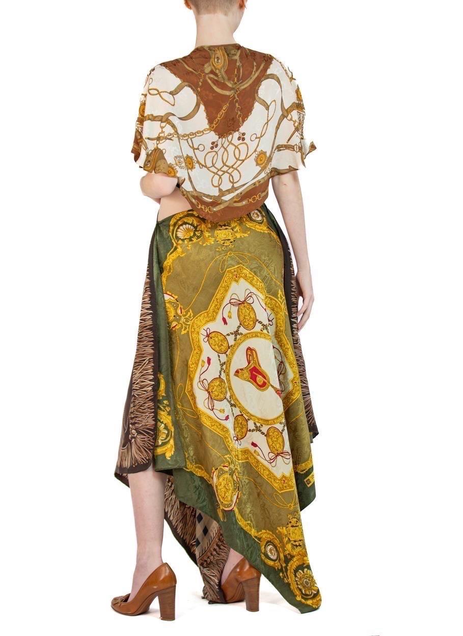 MORPHEW COLLECTION Brown & Cream Equestrian Print  Silk Longchamp 3-Scarf Dress For Sale 2