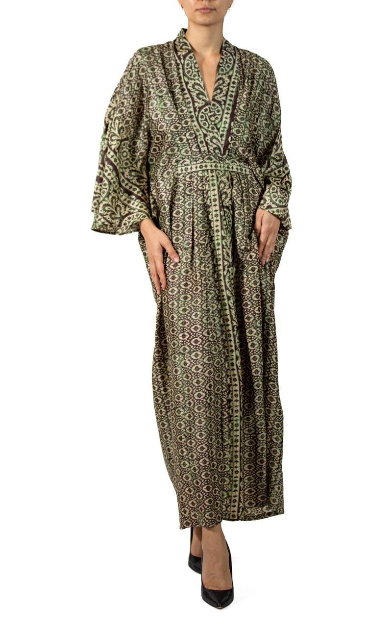MORPHEW COLLECTION Brown & Green Indian Block Printed Silk Butterfly Sleeve Kaf For Sale 3