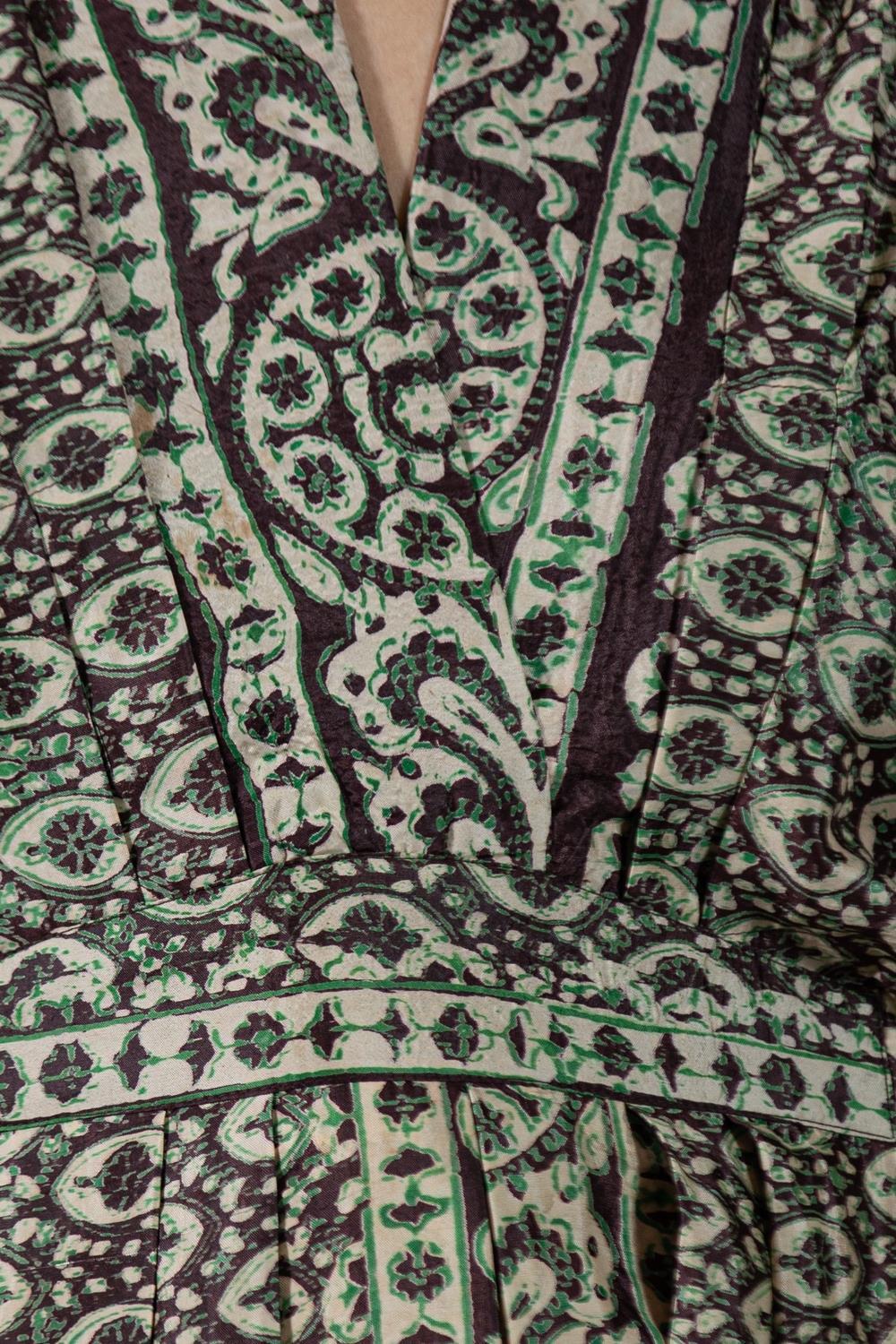 MORPHEW COLLECTION Brown & Green Indian Block Printed Silk Butterfly Sleeve Kaf For Sale 4