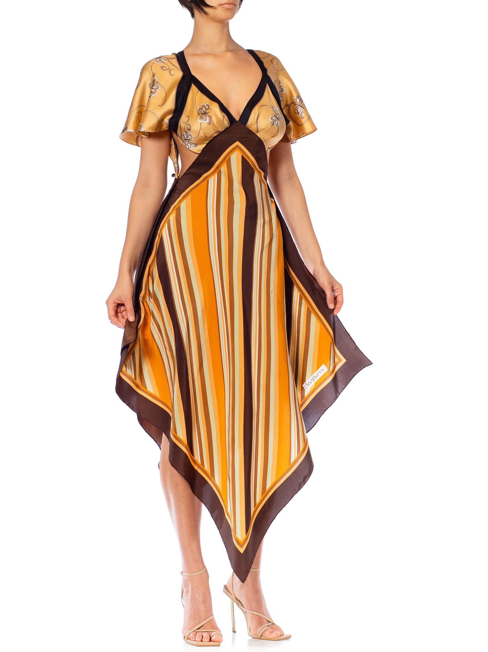 Women's MORPHEW COLLECTION Brown, Orange & Cream Silk Stripe Butterfly 3-Scarf Dress Ma For Sale