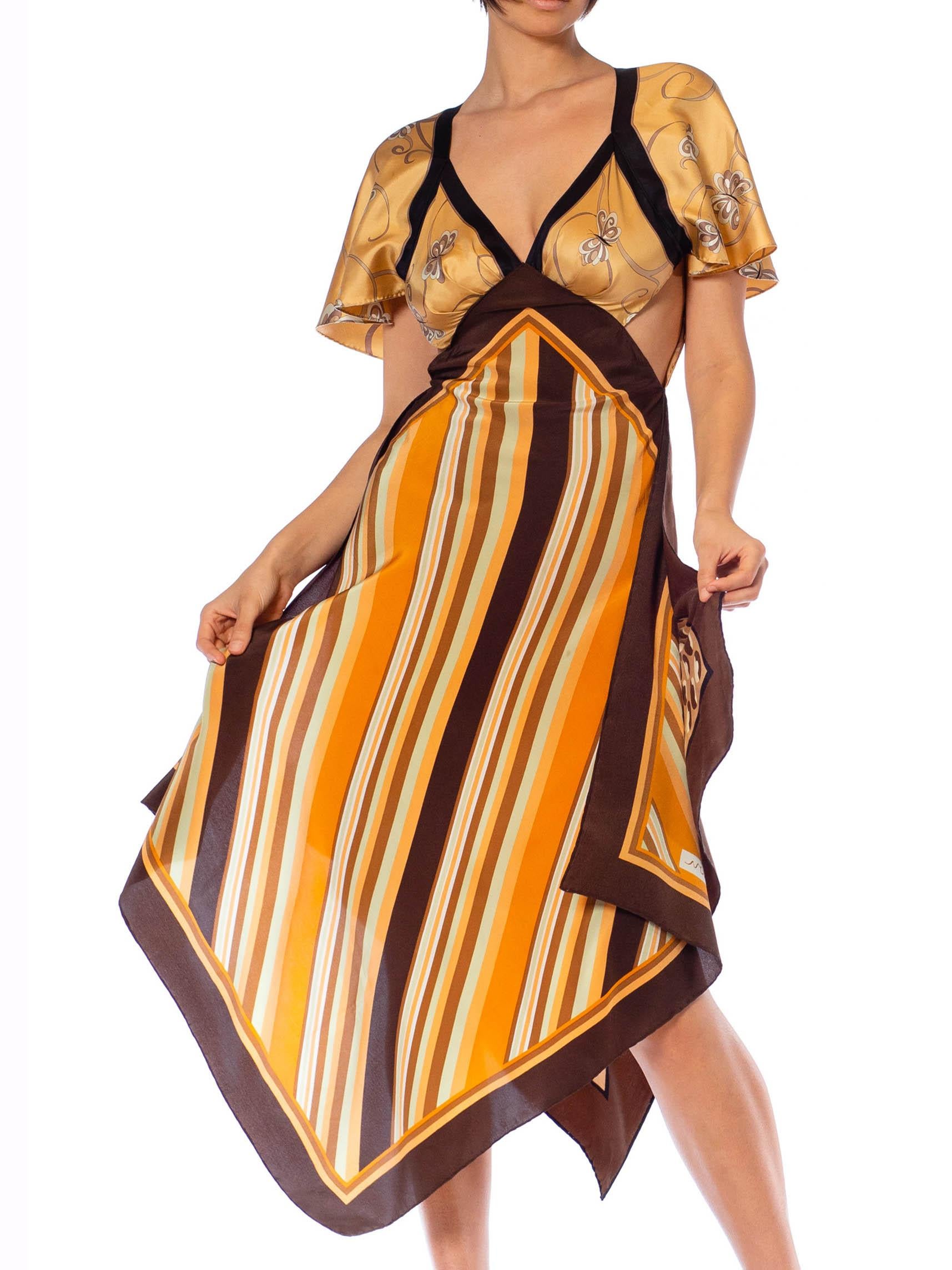 MORPHEW COLLECTION Brown, Orange & Cream Silk Stripe Butterfly 3-Scarf Dress Ma For Sale 1