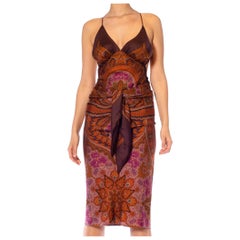 Morphew Collection Brown, Orange & Pink Floral Silk Scarf Dress Made From Vinta