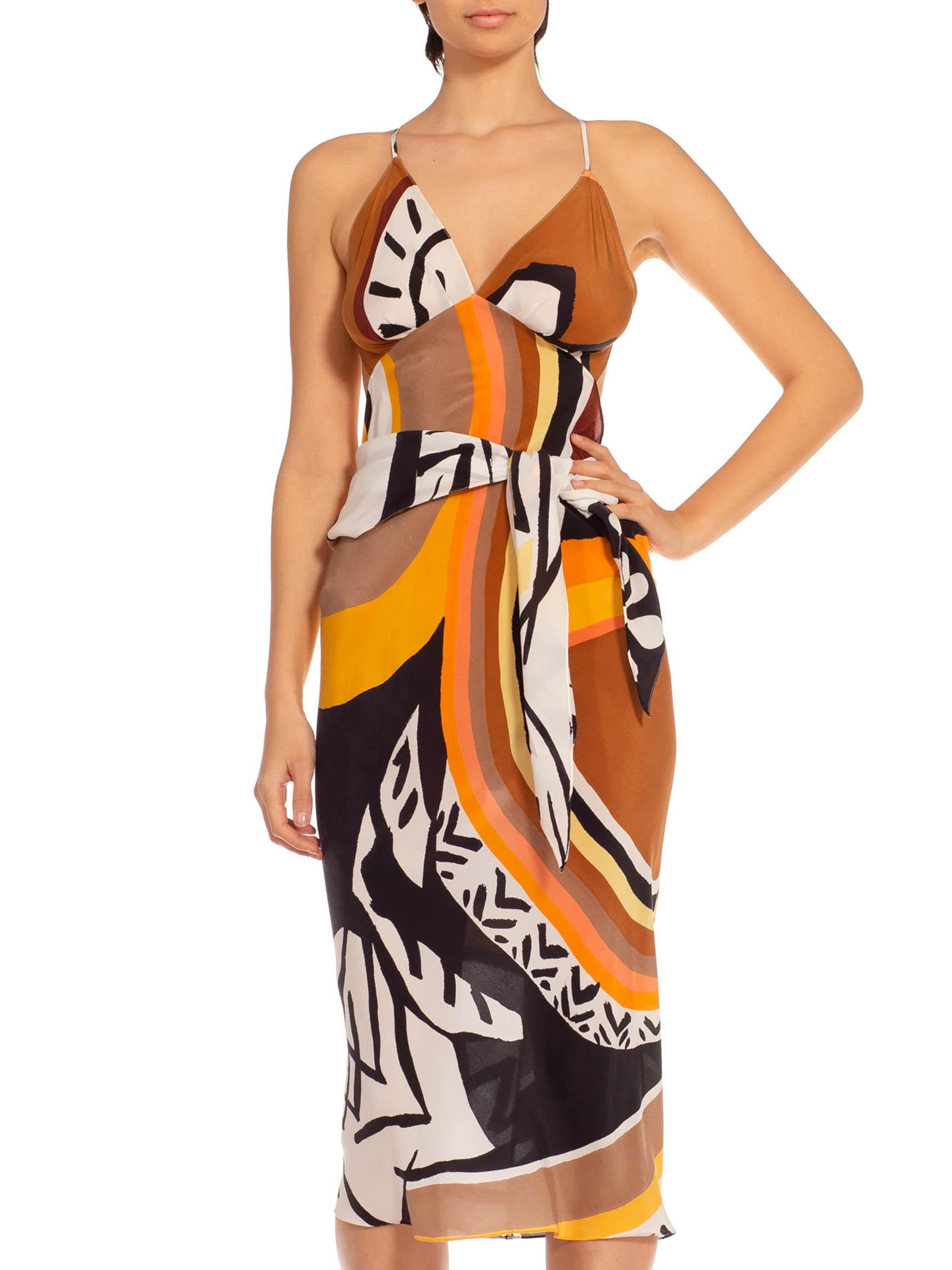 MORPHEW COLLECTION Brown & Orange Silk Twill Sagittarius Scarf Dress Made From  In Excellent Condition In New York, NY