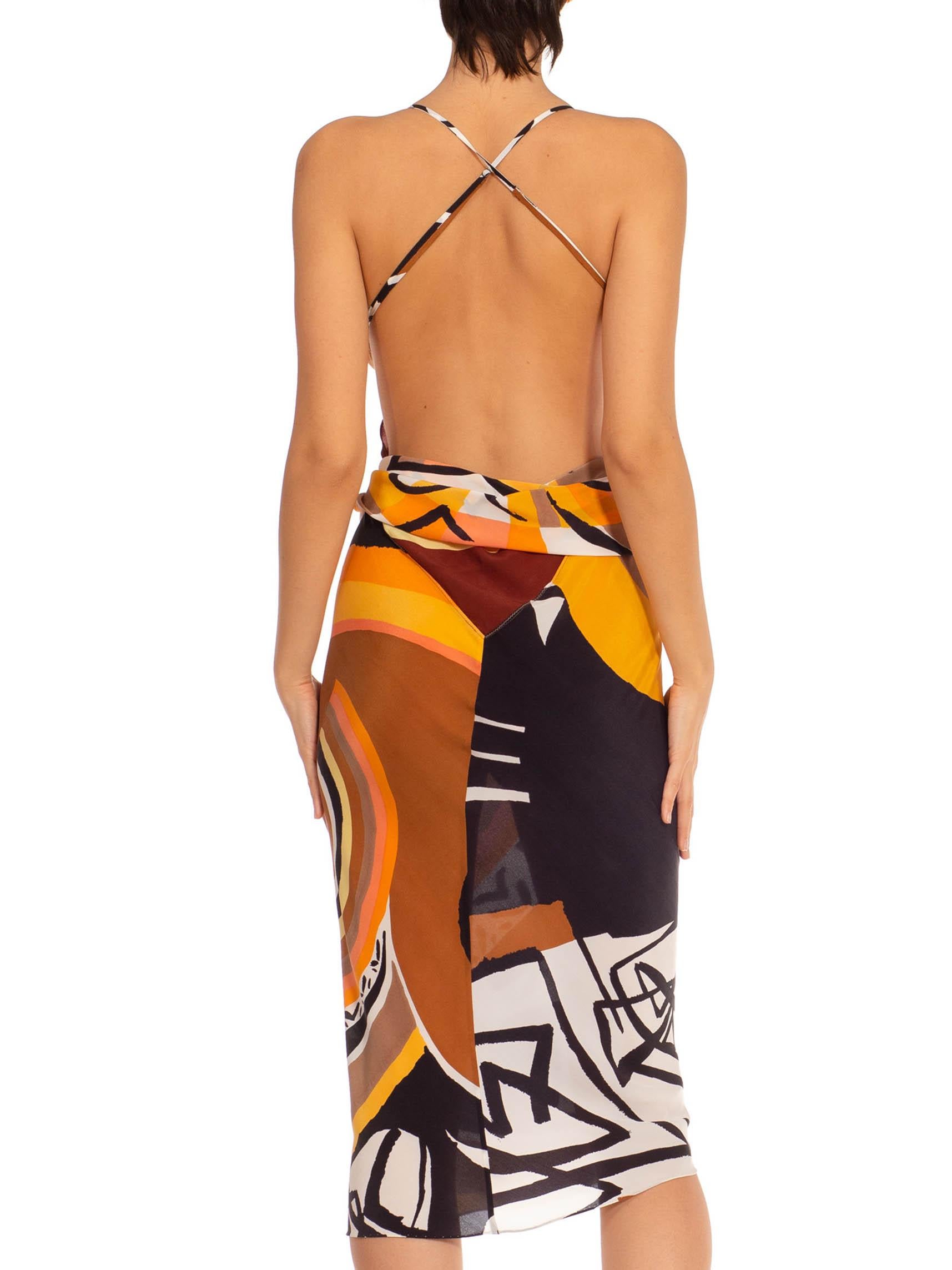 MORPHEW COLLECTION Brown & Orange Silk Twill Sagittarius Scarf Dress Made From  3