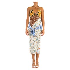 MORPHEW COLLECTION Brown White Blue Bias Cut 1940S Cold Rayon Palm Tree Print S