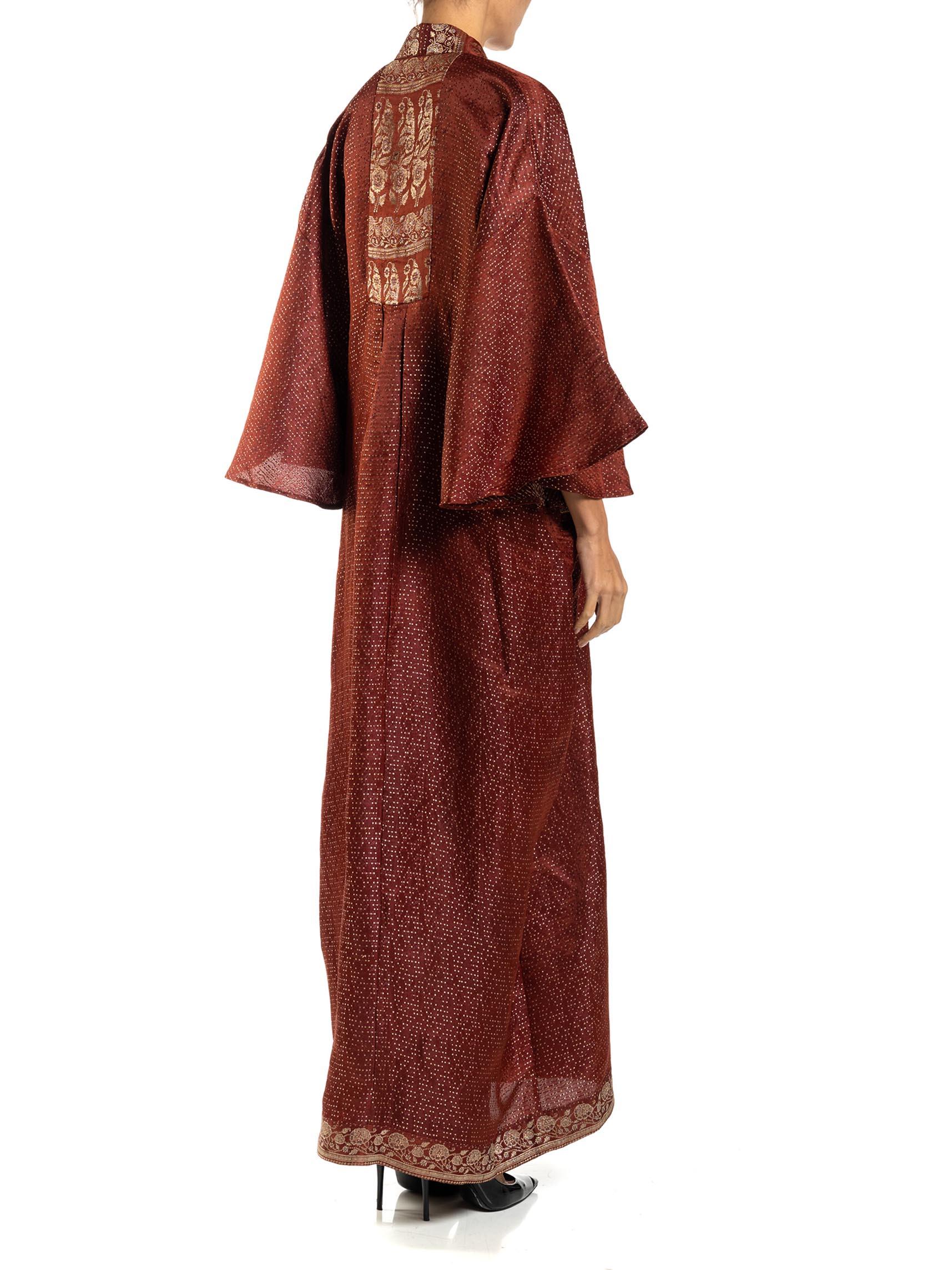 MORPHEW COLLECTION Burgundy Floral Silk Checkered Kaftan Made From Vintage Sari For Sale 6