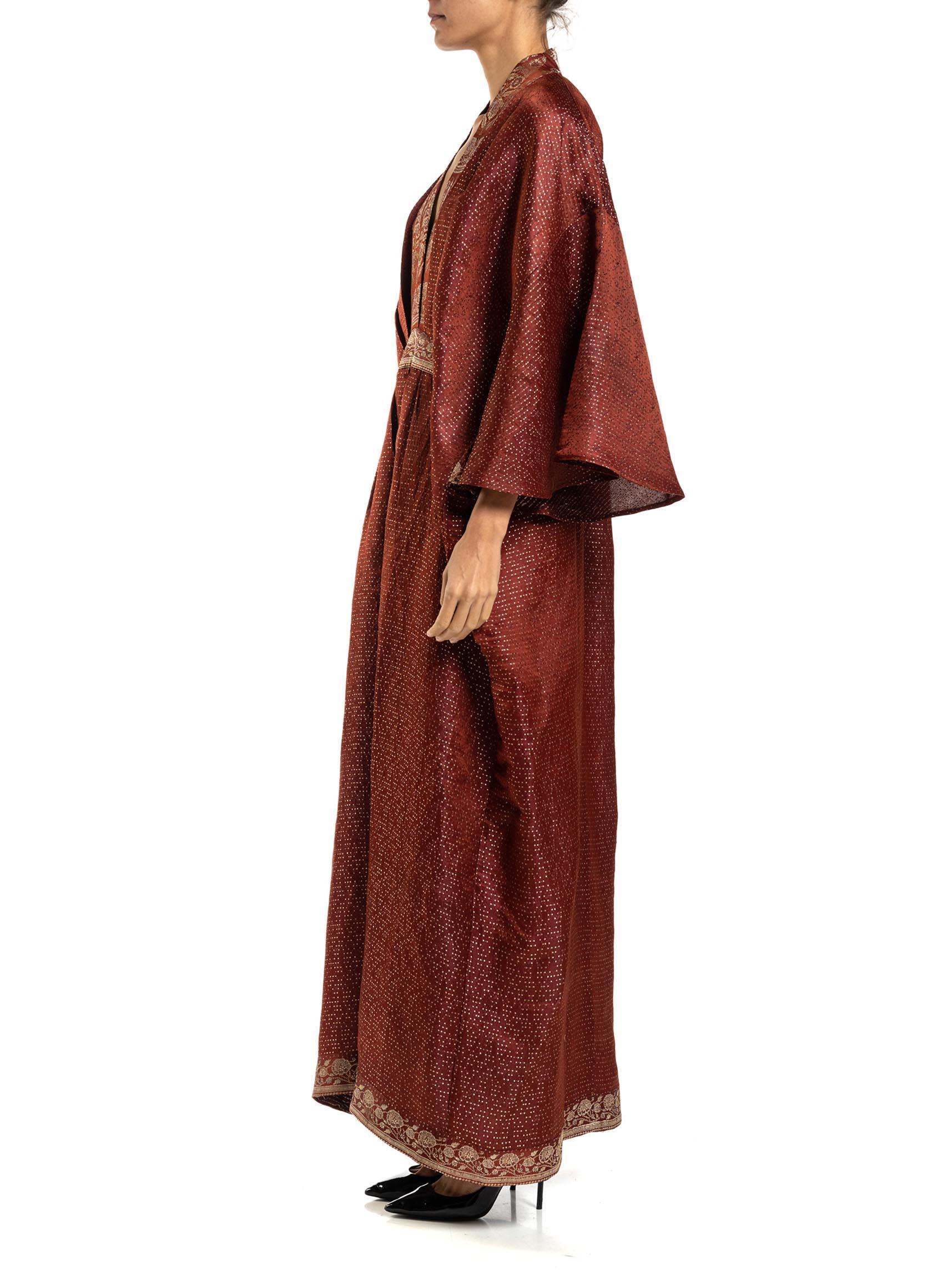 MORPHEW COLLECTION Burgundy Floral Silk Checkered Kaftan Made From Vintage Sari In Excellent Condition For Sale In New York, NY
