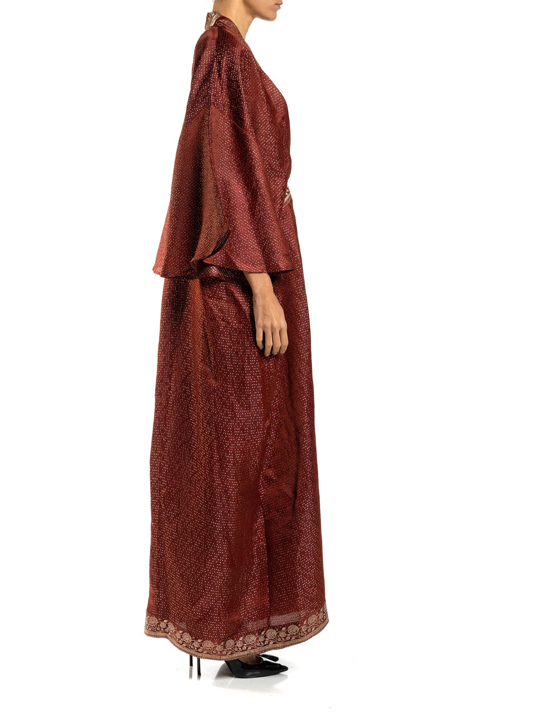 Women's MORPHEW COLLECTION Burgundy Floral Silk Checkered Kaftan Made From Vintage Sari For Sale
