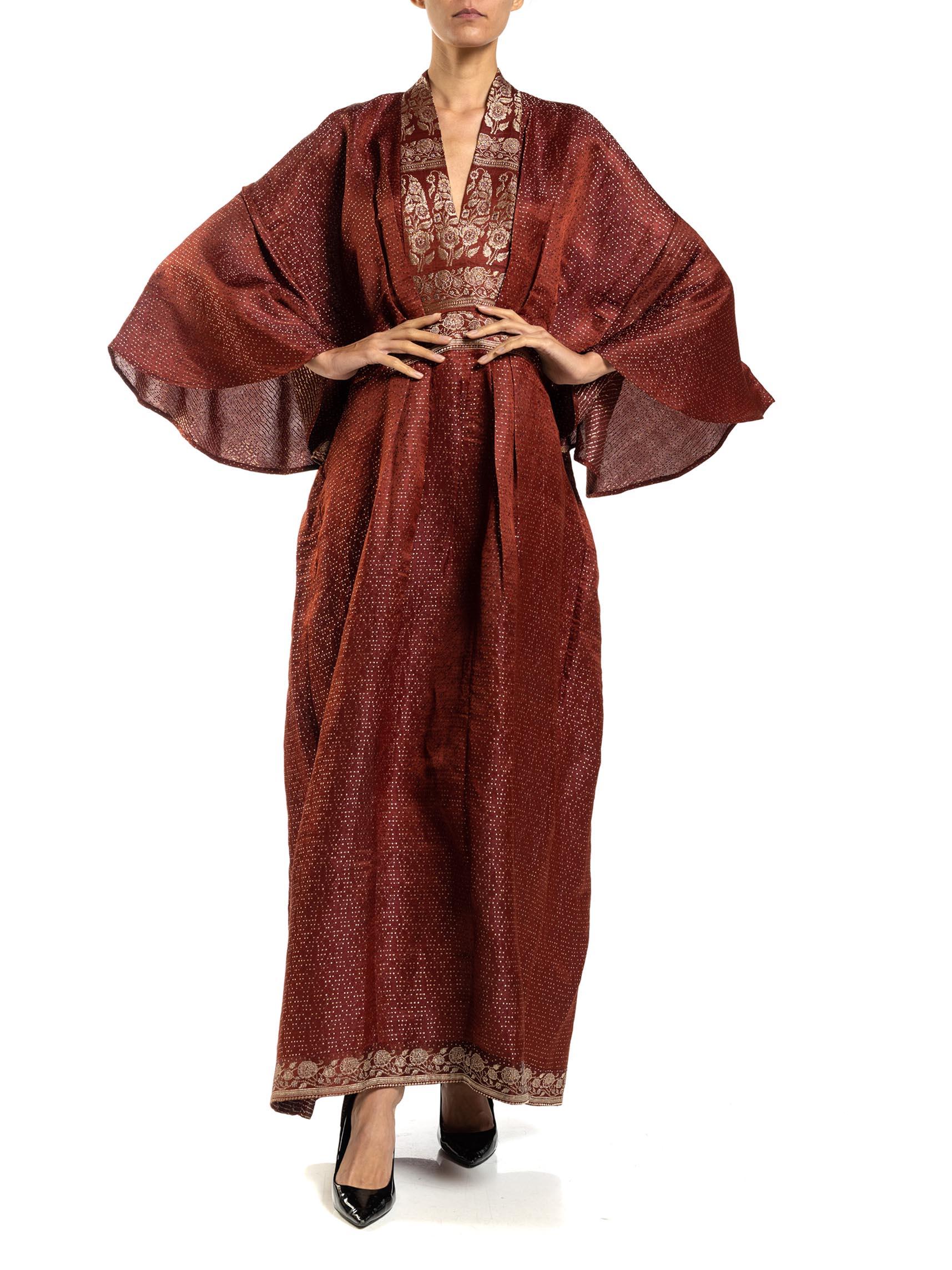MORPHEW COLLECTION Burgundy Floral Silk Checkered Kaftan Made From Vintage Sari For Sale 1