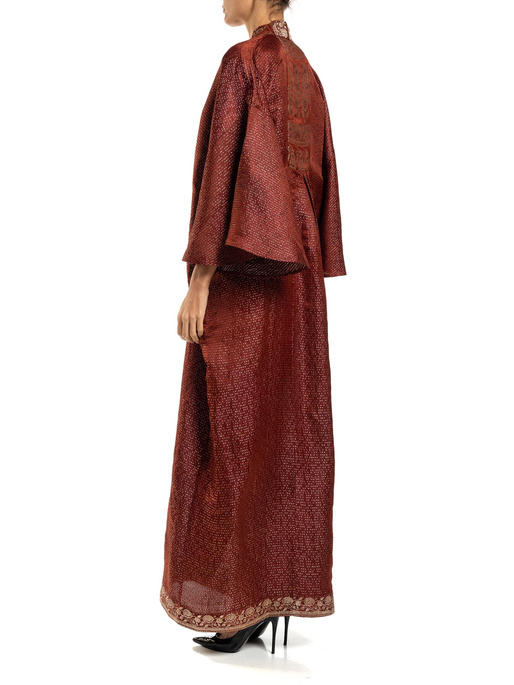 MORPHEW COLLECTION Burgundy Floral Silk Checkered Kaftan Made From Vintage Sari For Sale 2