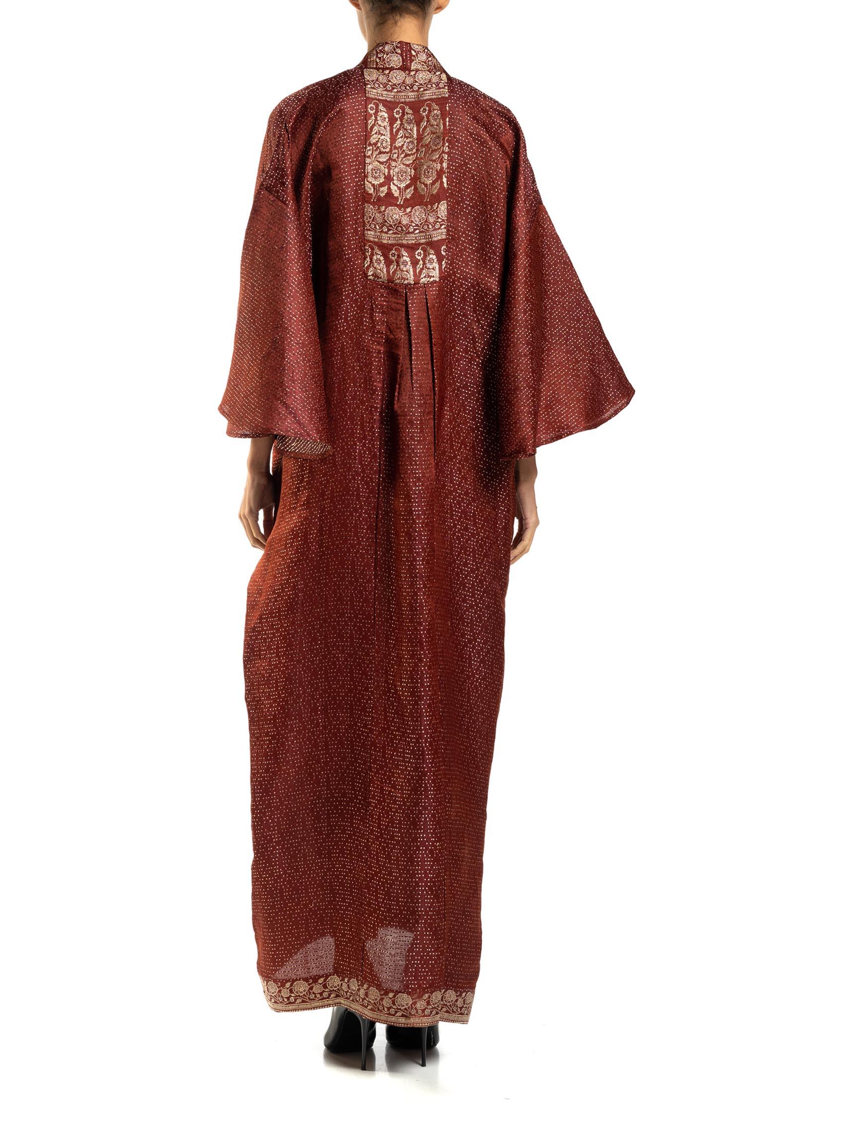 MORPHEW COLLECTION Burgundy Floral Silk Checkered Kaftan Made From Vintage Sari For Sale 3
